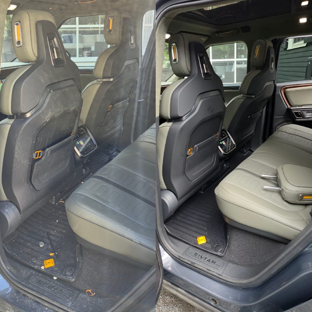 Rivian rear seat before and after interior detail
