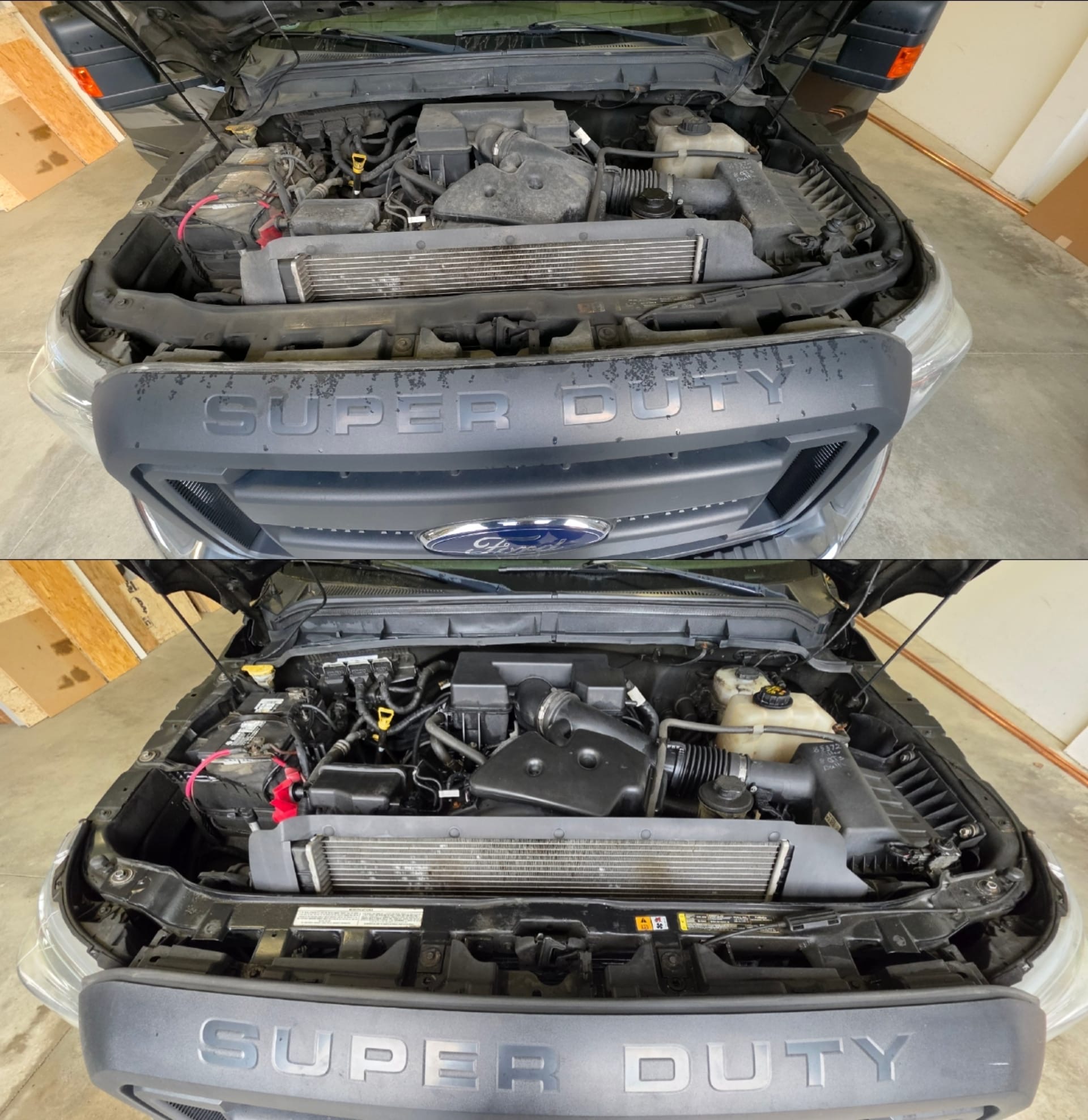 Ford Super Duty engine bay before and after